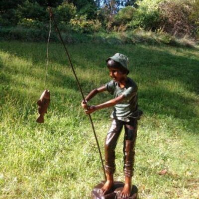 "Boy Gone Fishing" Bronze Garden Statue - 81" High