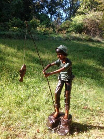 "Boy Gone Fishing" Bronze Garden Statue - 81" High