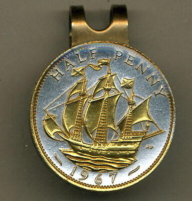 British 1/2 Penny "Sailing Ship" Two Tone Coin Golf Ball Marker