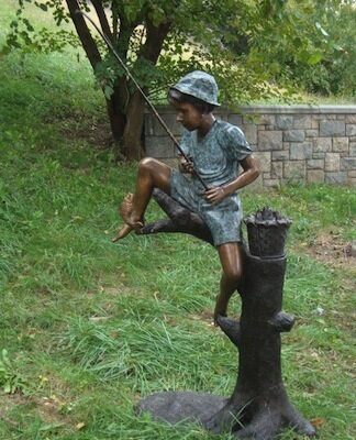 "Catch of the Day (Boy Fishing on Tree)" Fountain Bronze Garden Statue - Approx. 34" High