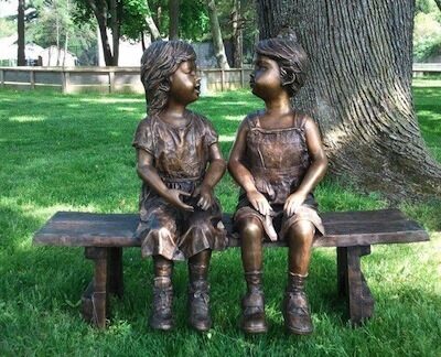 "Companions Together on Bench Reading Book" Bronze Garden Statue - Approx. 33" High