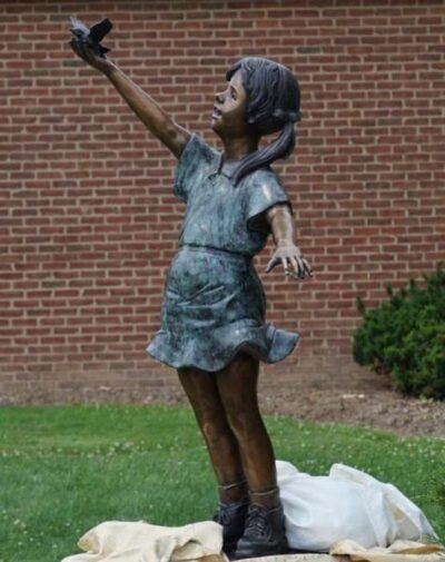 "Fly Away" Girl Releasing Bird Bronze Garden Statue - Approx. 51" High