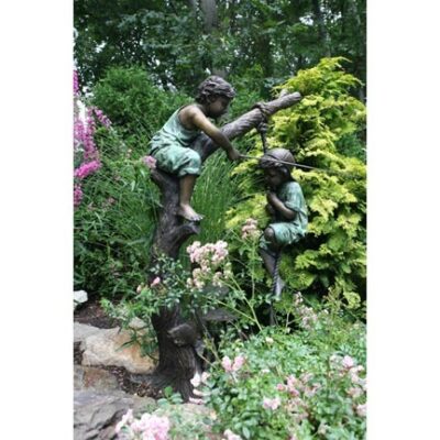 "Huck and Finn (Boys Fishing on Tree)" Fountain Bronze Garden Statue - Approx. 59" High