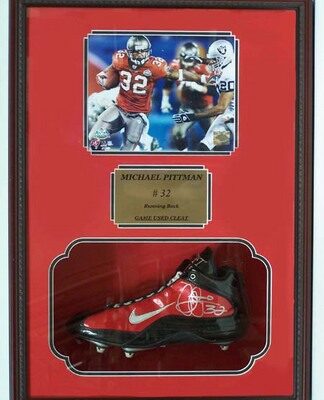 Michael Pittman Photograph and Autographed Game Used Cleat in Deluxe Framed Shadow Box