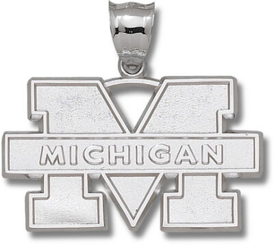 Michigan Wolverines Giant 1 3/4 " W x 1" H "M Michigan" Pendant - Sterling Silver Jewelry