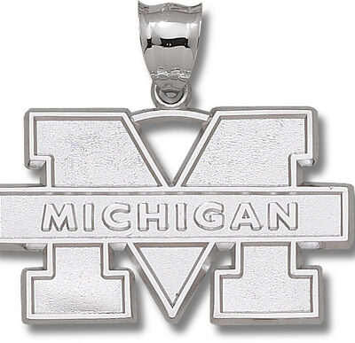 Michigan Wolverines Giant 1 3/4 " W x 1" H "M Michigan" Pendant - Sterling Silver Jewelry