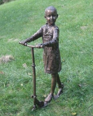 "Racing Down the Street (Girl on Scooter)" Bronze Garden Statue - Approx. 30" High