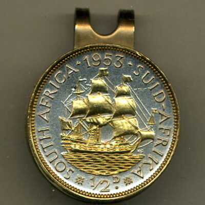 South African 1/2 Penny "Sailing Ship" Two Tone Coin Golf Ball Marker