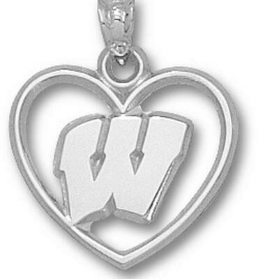 Wisconsin Badgers "W" Heart Pendant - Sterling Silver Jewelry